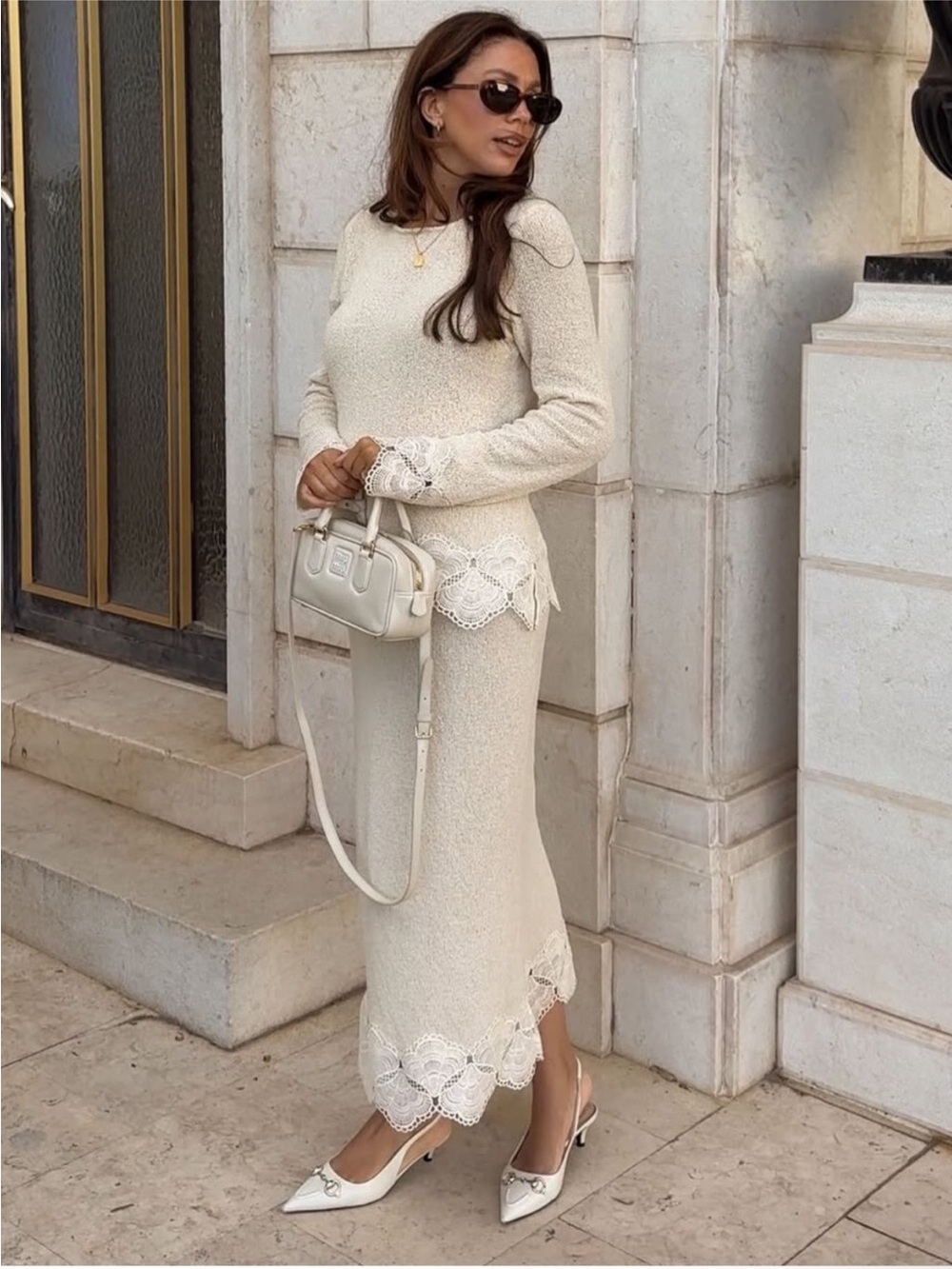 Zara Lace crochet Trim hem Knit midi skirt